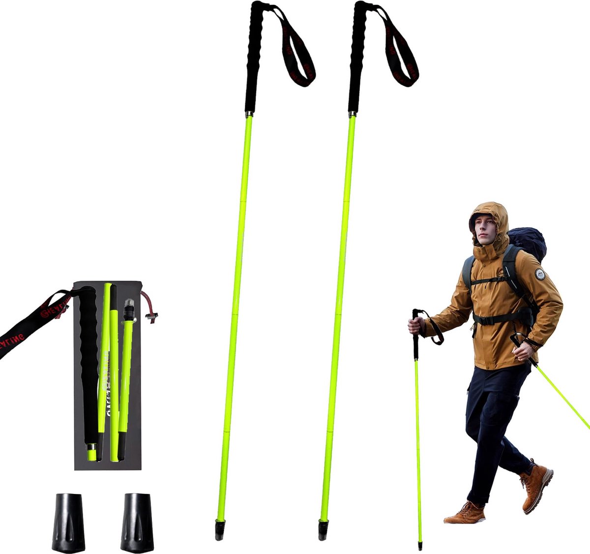 OKHEALING Hoogwaardige trekkingstokken van koolstofvezel, 2-delig, opvouwbaar in 5 delen, lichtgewicht en sterk, beschermt de gewrichten, geschikt voor wandelen, trekking en bergbeklimmen (geel, 120 cm)