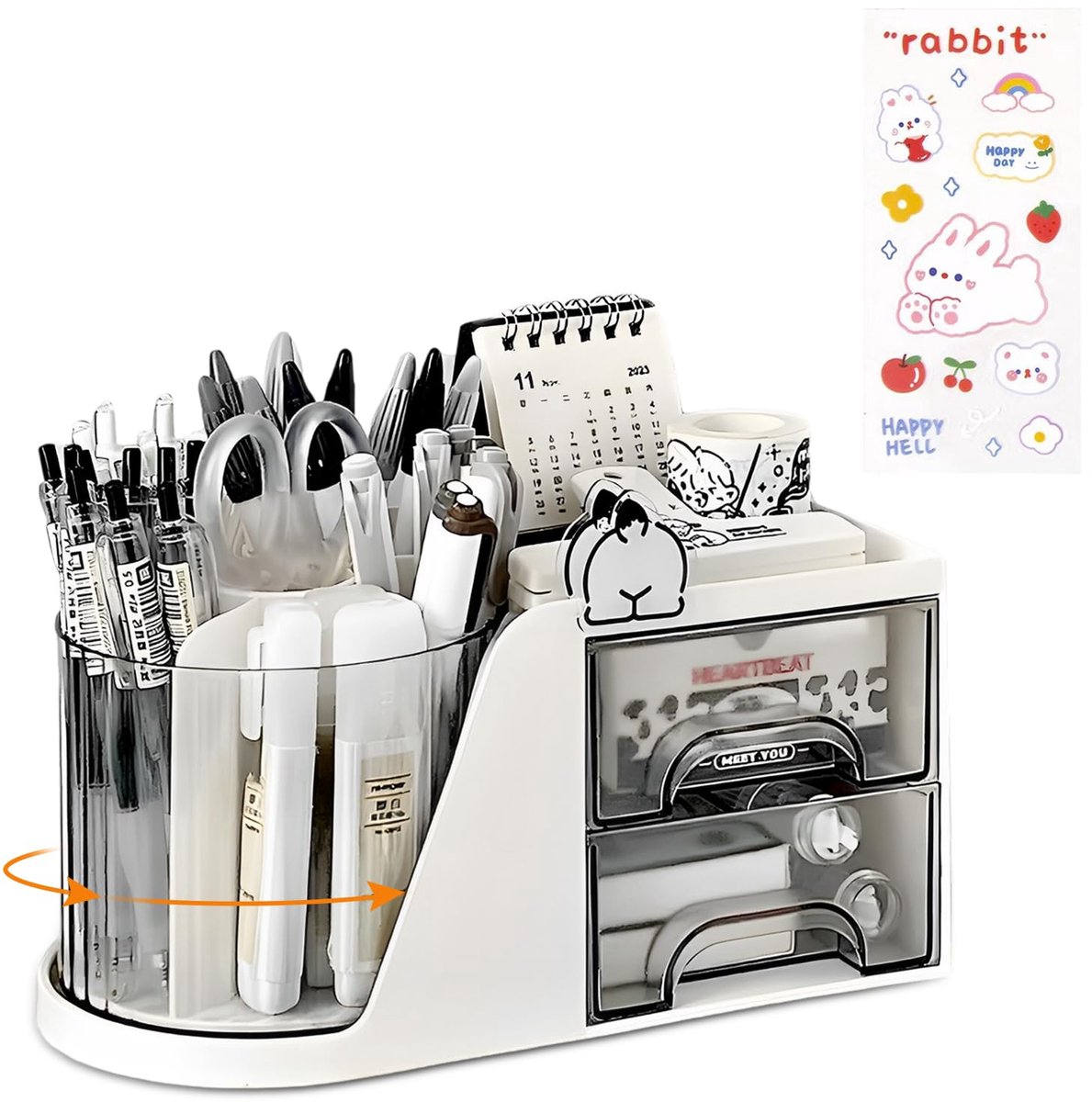 Bureau Organizer - 360 Graden Draaibaar met 2 Lades - voor Kantoor, Cosmetica & School - Wit