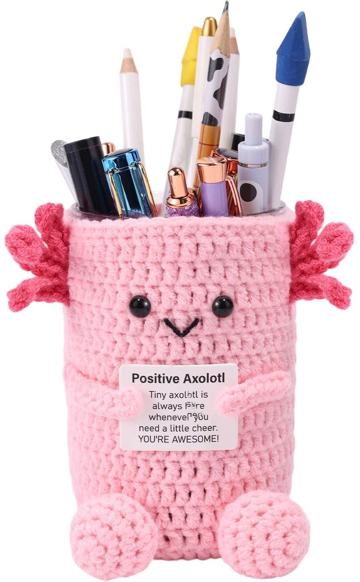 Gehaakte Axolotl Pennenhouder - Met aanmoedigingskaart - Voor bureau-organisatie en scholierenmotivatie - Roze