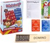 Afbeelding van het spelletje Vakantie Reis spelletjes pakket. Spel Wie is het ?  reis editie – Domino - Yatzee score kaarten – 10 dobbelstenen – 2 pakken speelkaarten.