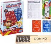 Vakantie Reis spelletjes pakket. Spel Wie is het ?  reis editie – Domino - Yatzee score kaarten – 10 dobbelstenen – 2 pakken speelkaarten.