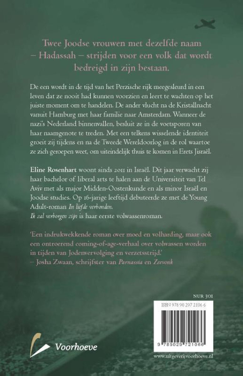 Achterkant van het boek 'Ik zal verborgen zijn' met tekst over het verhaal en de auteur, inclusief ISBN en uitgever.
