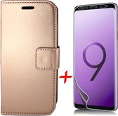 Samsung Galaxy S9 Plus / S9+ Hoesje Lederen Siliconen TPU Bookcase + Screenprotector PET Glas Folie - Rose Goud - van iCall