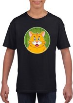 Kinder t-shirt zwart met vrolijke oranje kat print - katten shirt XS (110-116)