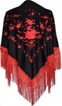 Spaanse manton  - omslagdoek - zwart rood met rode franjes bij verkleedkleding of flamenco jurk