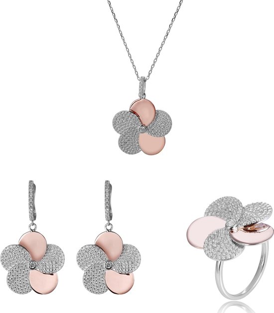 Orphelia SET-7452/56 - Juwelenset Flower: Ketting + Oorbellen + Ring - 925 Zilver Bicolor White/Rosé - Zirkonia - 42 cm / Ringmaat 56