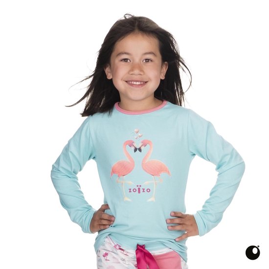 bol.com | Zoizo meisjes pyjama met lange mouwen in licht aqua met roze  flamingo's voorop 158/164