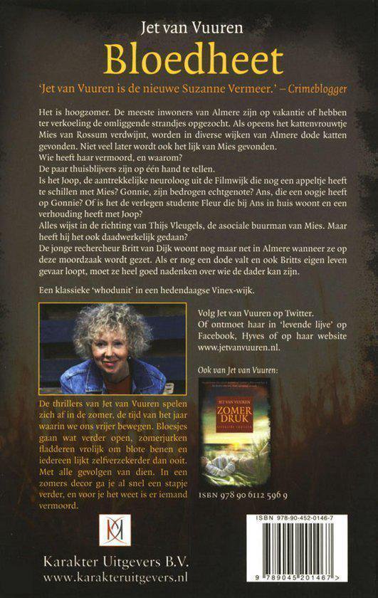 Boekcover 'Bloedheet' van Jet van Vuuren. Vrouw in zwembad. Foto van auteur Jet van Vuuren.