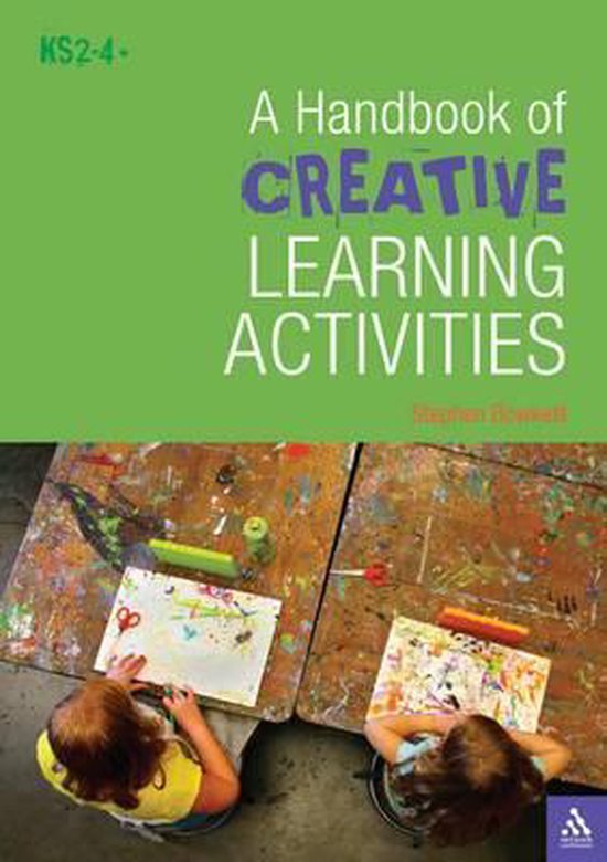 Twee kinderen werken aan creatieve activiteiten op een rommelige werkbank. Titel: A Handbook of Creative Learning Activities.