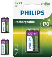 3 Stuks - Philips MultiLife 9V HR22/6HR61 170mAh oplaadbare batterij