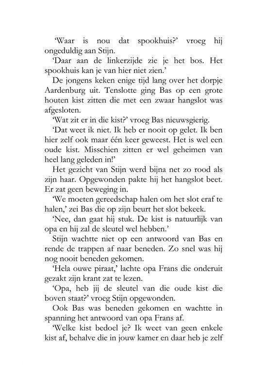 Pagina met tekst over een spookhuis en een kist met een hangslot.
