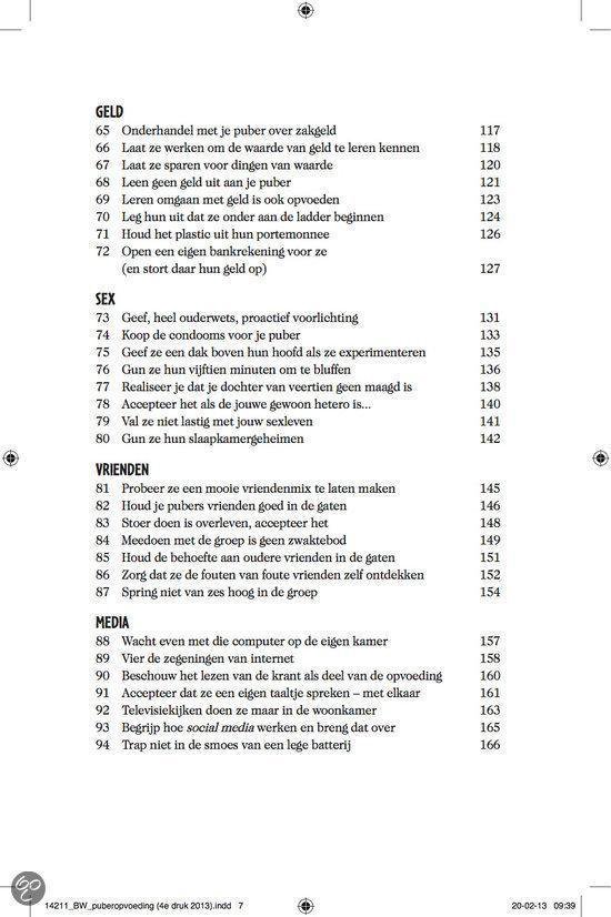 Inhoudsopgave van 'Het Enige Echte Eerlijke Puberopvoedboek'.