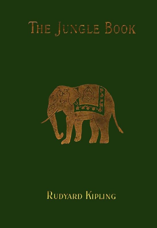 Couverture rigide verte de The Jungle Book par Rudyard Kipling, ornée d'un éléphant doré.