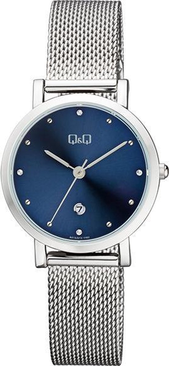 QQ dames horloge A419J212 Zilverkleurig-Blauw met Datum