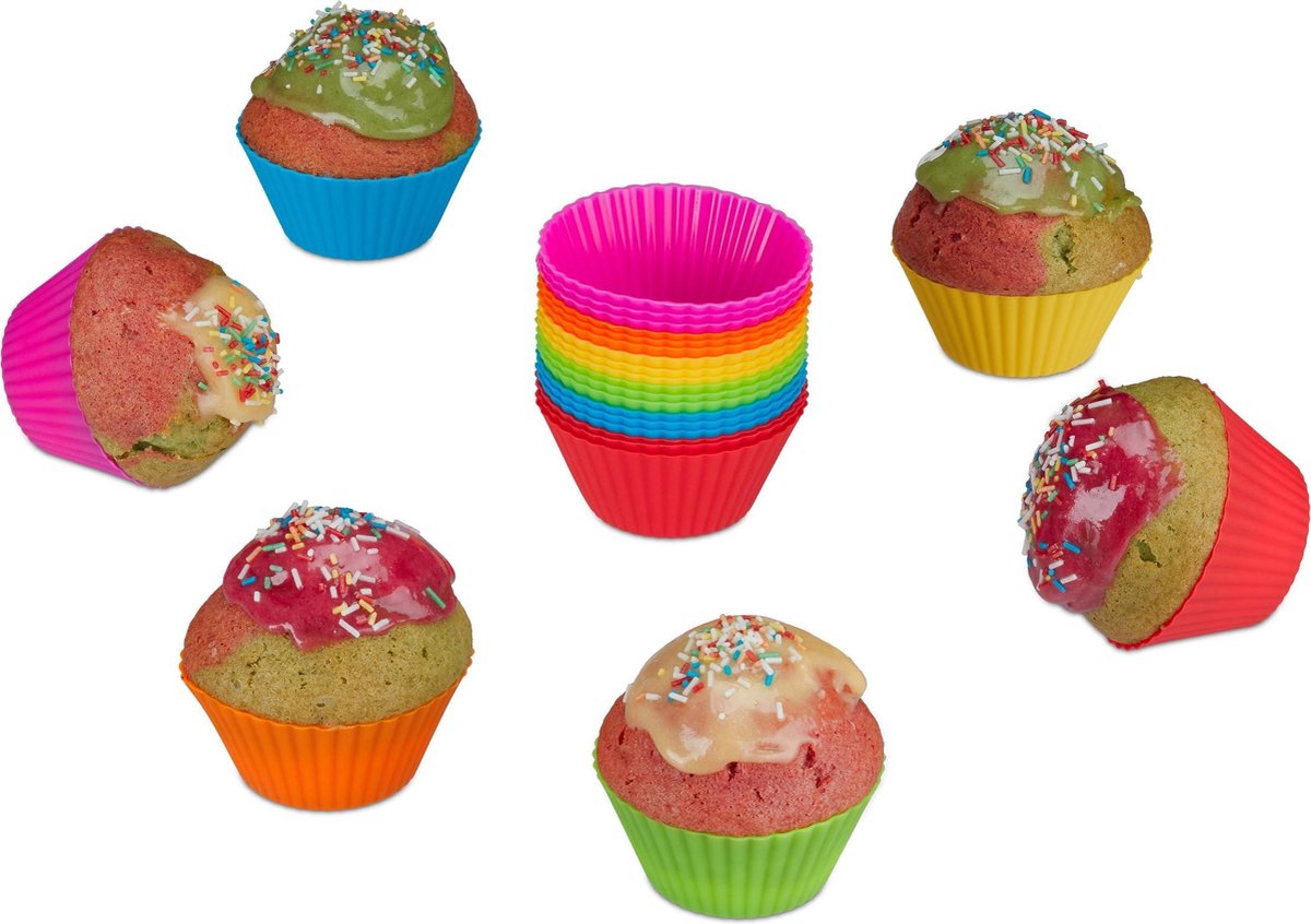 Relaxdays cupcake vormpjes van siliconen - 24 muffinvormpjes - muffin bakvorm - kleurrijk