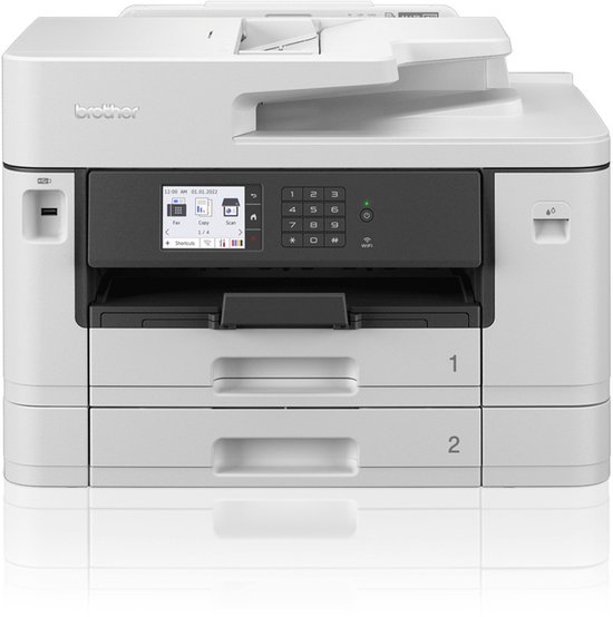 Witte Brother MFC-J740DW printer met twee papierlades, genummerd 1 en 2.