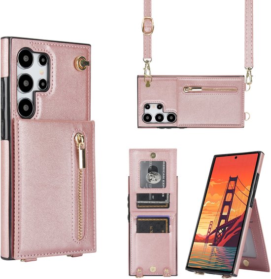 Samsung Galaxy S25 Ultra hoesje roségoud met koord, pasjeshouder, muntvak, standaard en schokbescherming