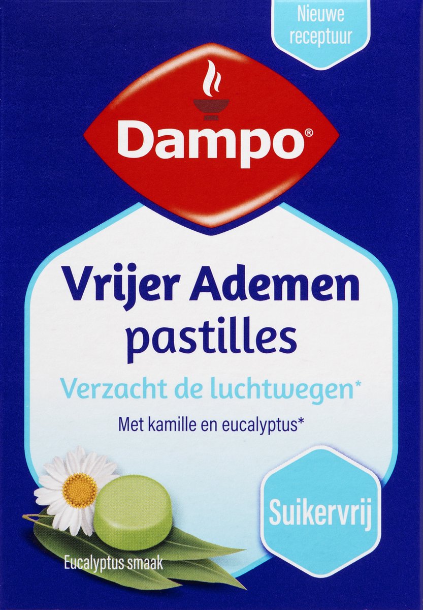 Goedkoopste Dampo Vrijer Ademen Keelpastilles - Helpen om vrijer te ademen en de luchtwegen te verzachten dankzij kamille - Verzachting van de keel door eucalyptus en menthol - Suikervrij - Eucalyptus smaak - 20 keelpastilles
