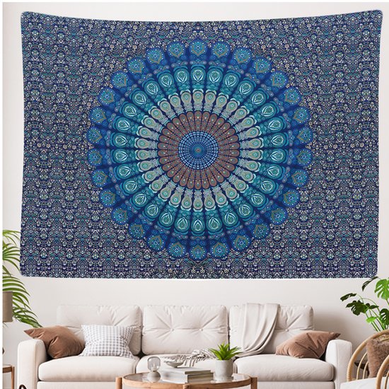 Ulticool - Tapis Mandala - Tapisserie - 200x150 cm - Groot Tapisserie en Tissu - Affiche - Blauw/ Wit