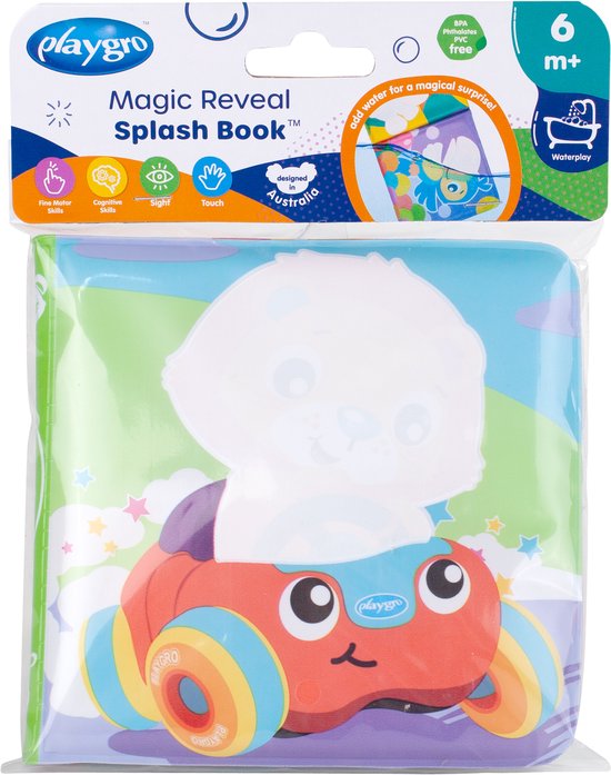 Verpakking van het Playgro Magische Water Boek met een auto en konijn op de voorkant.