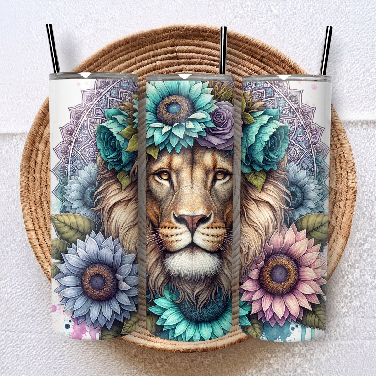 Creasowl® Mandala Leeuw Tumbler met Rietje en Deksel - 590ml Herbruikbare Drinkbeker - Leuke Mandala Tumbler voor Leeuwenliefhebbers - Perfect voor Koude Dranken - Duurzaam en Milieu-vriendelijk - Ideaal Cadeau voor Leeuwenfans