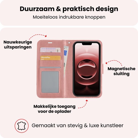 Hoesje - Met 2x Screenprotector - Geschikt voor Apple iPhone 16e / 17e - Luxe Pasjeshouder - Bookcase Portemonee - Flip Case - Kunstleer Book Case - Flipcase Hoes - Book Cover - Walletcase - Portemonneehoes - Rosé goud