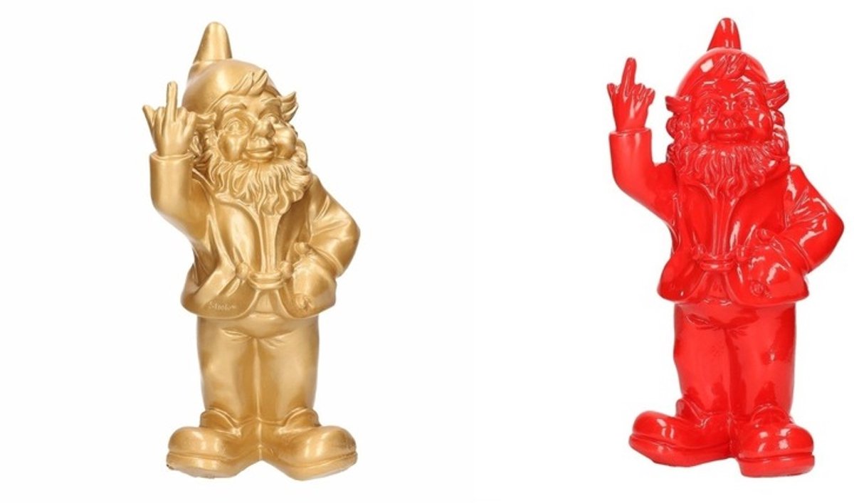 2x Tuinkabouters goud/rood middelvinger 30 cm