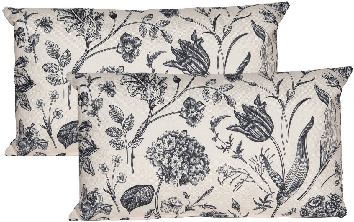 Anna's Collection Sierkussen voor binnen en buiten - 2x - vintage flowers - creme wit - 30 x 50 cm - tuinkussen