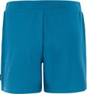 Achteraanzicht van een turquoise korte broek met elastische tailleband.