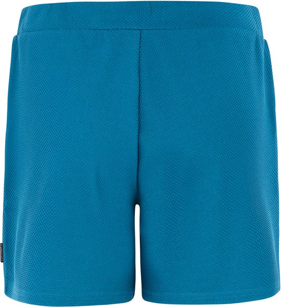 Achteraanzicht van een turquoise korte broek met elastische tailleband.