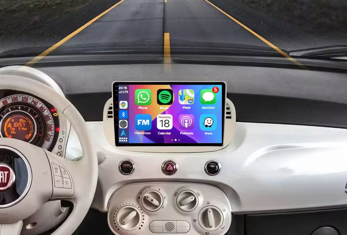 Autoradio 1/32GB met Carplay en Android auto | Geschikt voor Fiat 500 2007-2015 Wit | Radio scherm met Navigatie | 2007 2008 2009 2010 2011 2012 2013 2014 2015 | beige