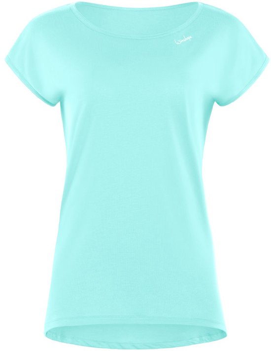 Licht turkoois sportshirt met korte mouwen, ronde halslijn, voorkant.