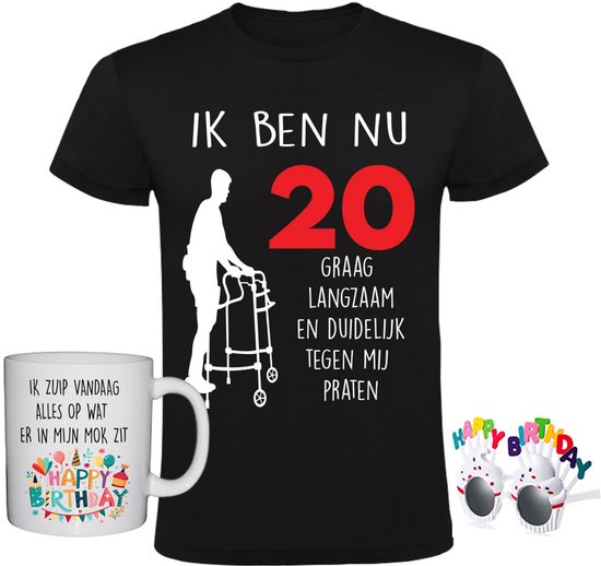 20 jaar Heren T-shirt + Koffiemok + Happy birthday bril - feest - grappig - verjaardag - cadeau - shirt