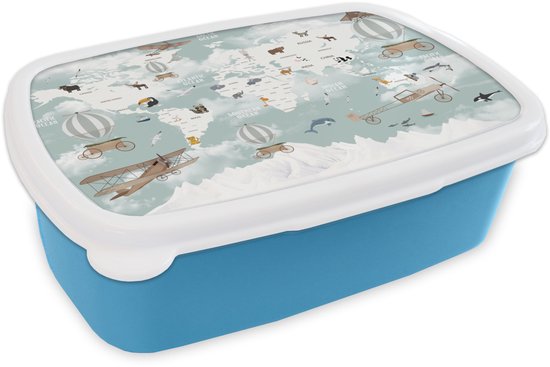 Broodtrommel Blauw - Lunchbox Wereldkaart - Kind - Vliegtuig - Brooddoos 18x12x6 cm - Brood lunch box - Broodtrommels voor kinderen en volwassenen