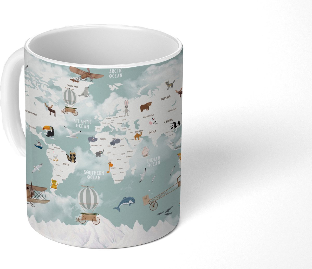 Mok - Koffiemok - Wereldkaart - Kind - Vliegtuig - Mokken - 350 ML - Beker - Koffiemokken - Theemok