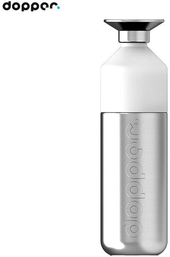 Dopper en acier inoxydable avec bouchon blanc, logo sur la bouteille. Blanc sur argent.