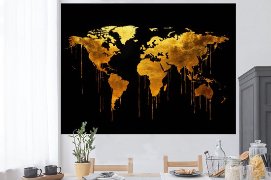 Muurstickers - Sticker Folie - Wereldkaart - Goud - Druipen - Zwart - 160x120 cm - Plakfolie - Muurstickers Kinderkamer - Zelfklevend Behang XXL - Zelfklevend behangpapier - Stickerfolie