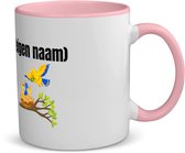 Akyol - vogels en nest met eigen naam koffiemok - theemok - roze - Vogels - dieren liefhebber - iemand die houdt van vogels - verjaardag - cadeau - kado - geschenk - 350 ML inhoud