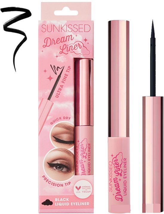 Verpakking en product van Sunkissed Dream Liner: een roze doosje met rose gouden eyeliner en zwarte vegen.
