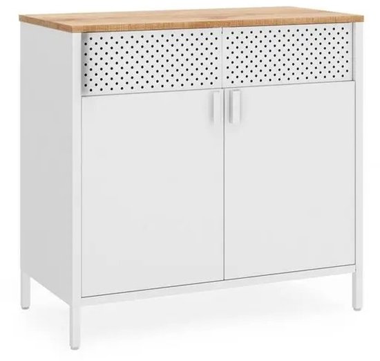 Gesloten witte opbergkast met houten bovenblad en perforatiepanelen. Staat op slanke witte pootjes.