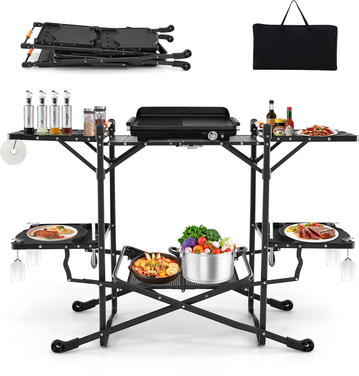 COSTWAY Campingkeuken, inklapbaar, reiskeuken met aluminium tafelblad, 4 zijtafels, opbergruimte en draagtas, campingkeuken, outdoor kookstation voor picknick, barbecue, camping en reizen