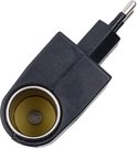 Zwarte AC/DC adapter met EU stekker en sigarettenaansteker poort met rood controlelampje.