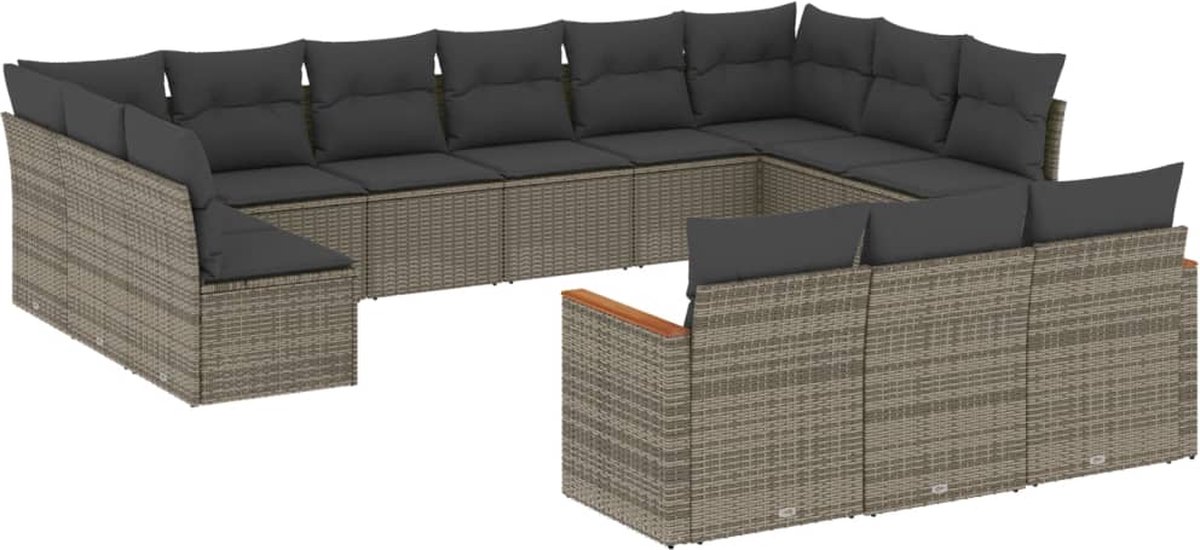 The Living Store 13-delige Loungeset met kussens poly rattan grijs - Loungeset - Tuinset - Loungehoek - Buitendecoratie - Outdoor Living