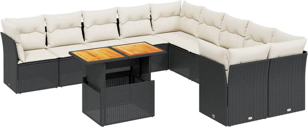 The Living Store 11-delige Loungeset met kussens poly rattan zwart - Loungebank - Tuinset - Lounge Set - Buitendecoratie - Outdoor Furniture
