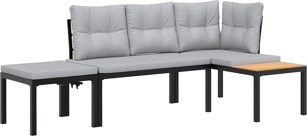 Zwart gepoedercoat stalen loungeset met kussens voor buiten.