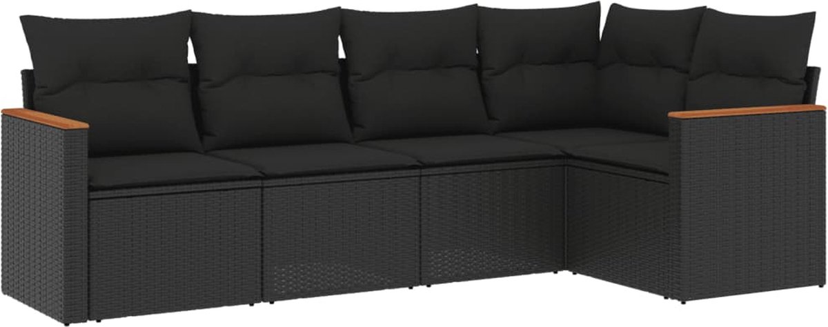 Zwarte poly rattan loungeset met kussens voor buiten - The Living Store.