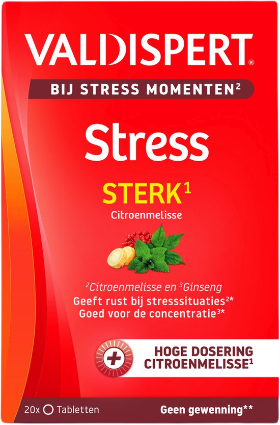 Valdispert Stress Sterk, hoge dosering citroenmelisse. Verpakking van 20 tabletten.