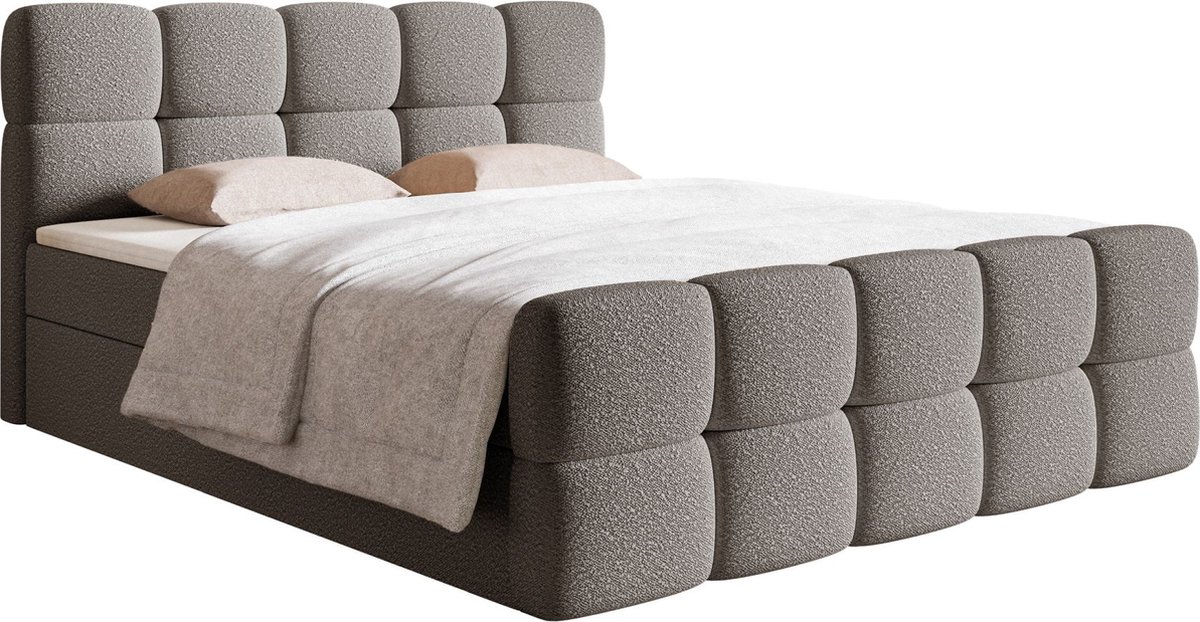 Selsey Cloudy Boxspringbed 180x200 met Opbergruimte, Matras en Topper – Bouclé Bekleding – Grijs