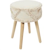 Ronde Kruk - ø 30 x 41 cm – Boho Krukje met Houten Poten & Zachte Katoenen Bekleding – Beige Zitkruk voor Woonkamer of Slaapkamer - Beige