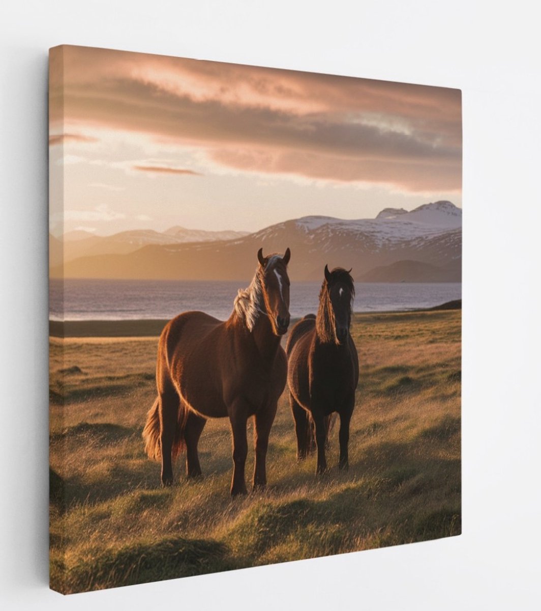 Saammp Canvas Schilderij - Paarden in de wei - Dieren - Natuur - 60x60 - Foto op canvas - Wanddecoratie - muurdecoratie Woonkamer - Slaapkamer decoratie - Canvas Print Multicolor